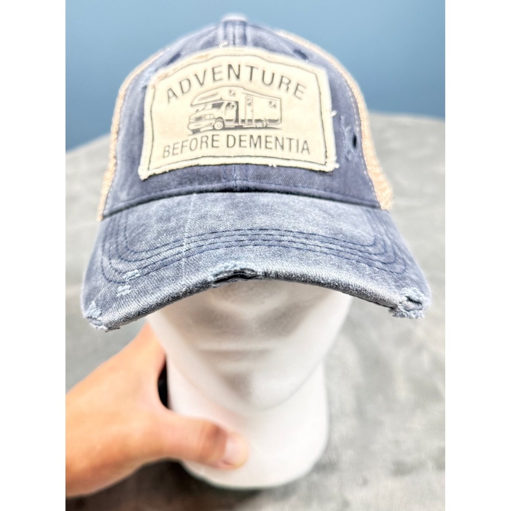 Adventure Before Dementia Mens Trucker Hat Navy Blue Tan Mesh RV Camping